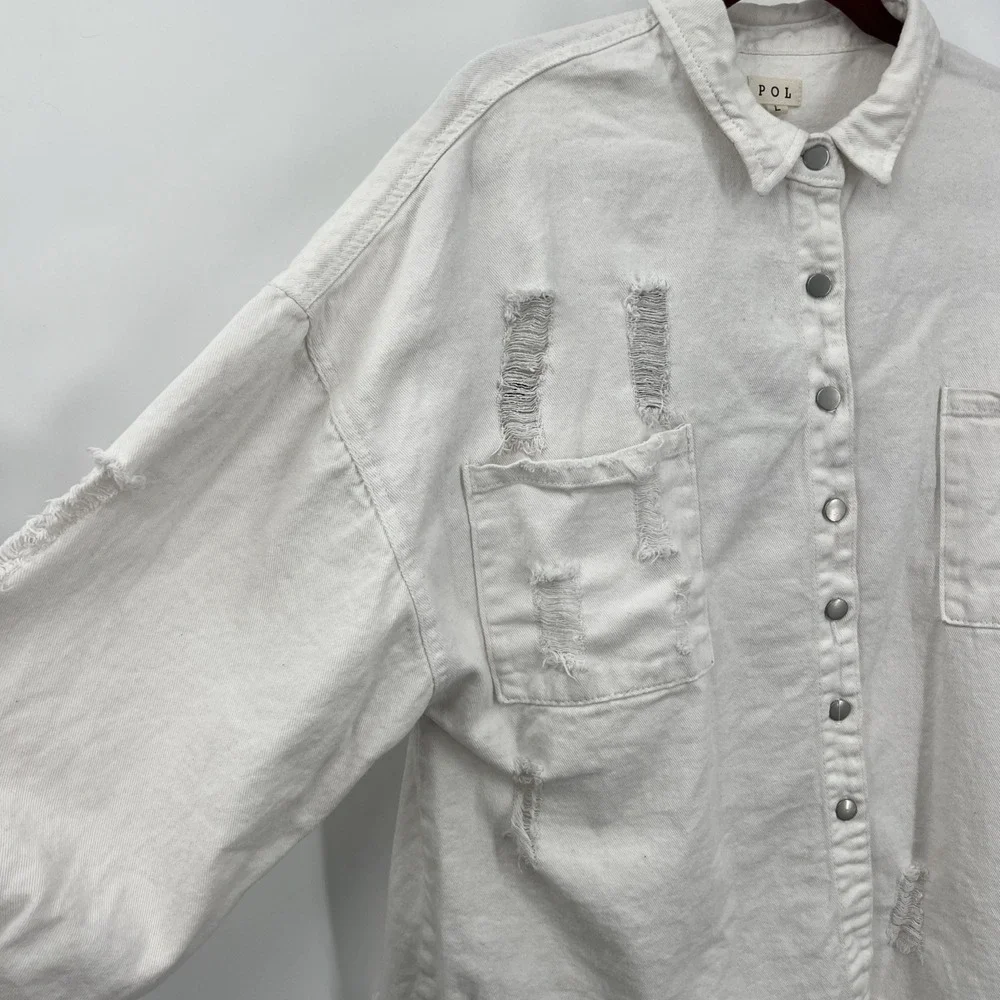 Women's Oversized Pol Thrashed White Denim‎ Jacket Sz L Grunge Punk Emo Fringe